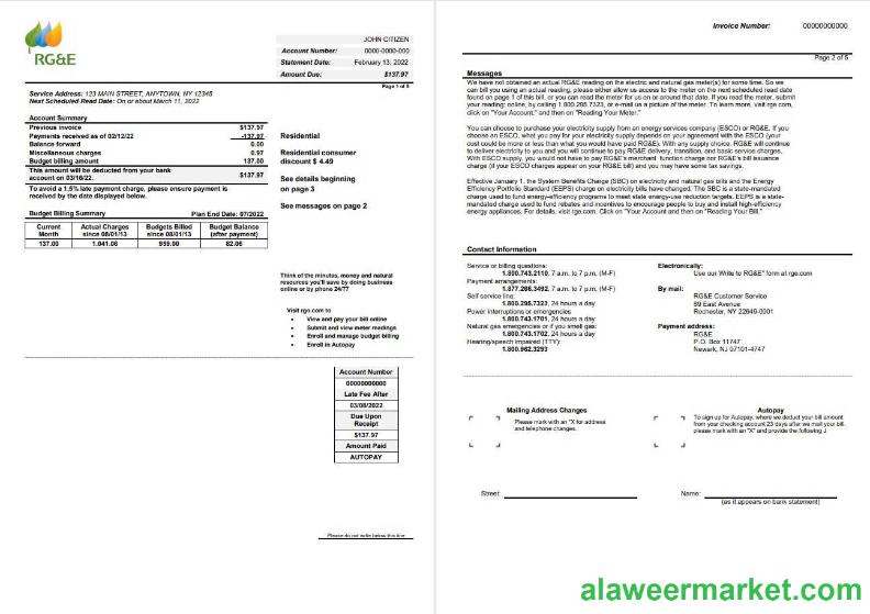 USA RG&E utility bill template in Word and PDF format (2 pages) 1 2